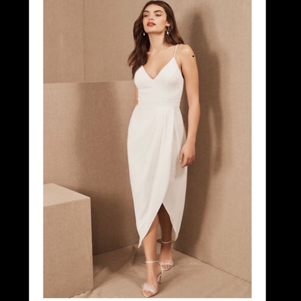 Anthropologie BHLDN Caron V-neck Crepe Dress white lined midi maxi cocktail sz 4
